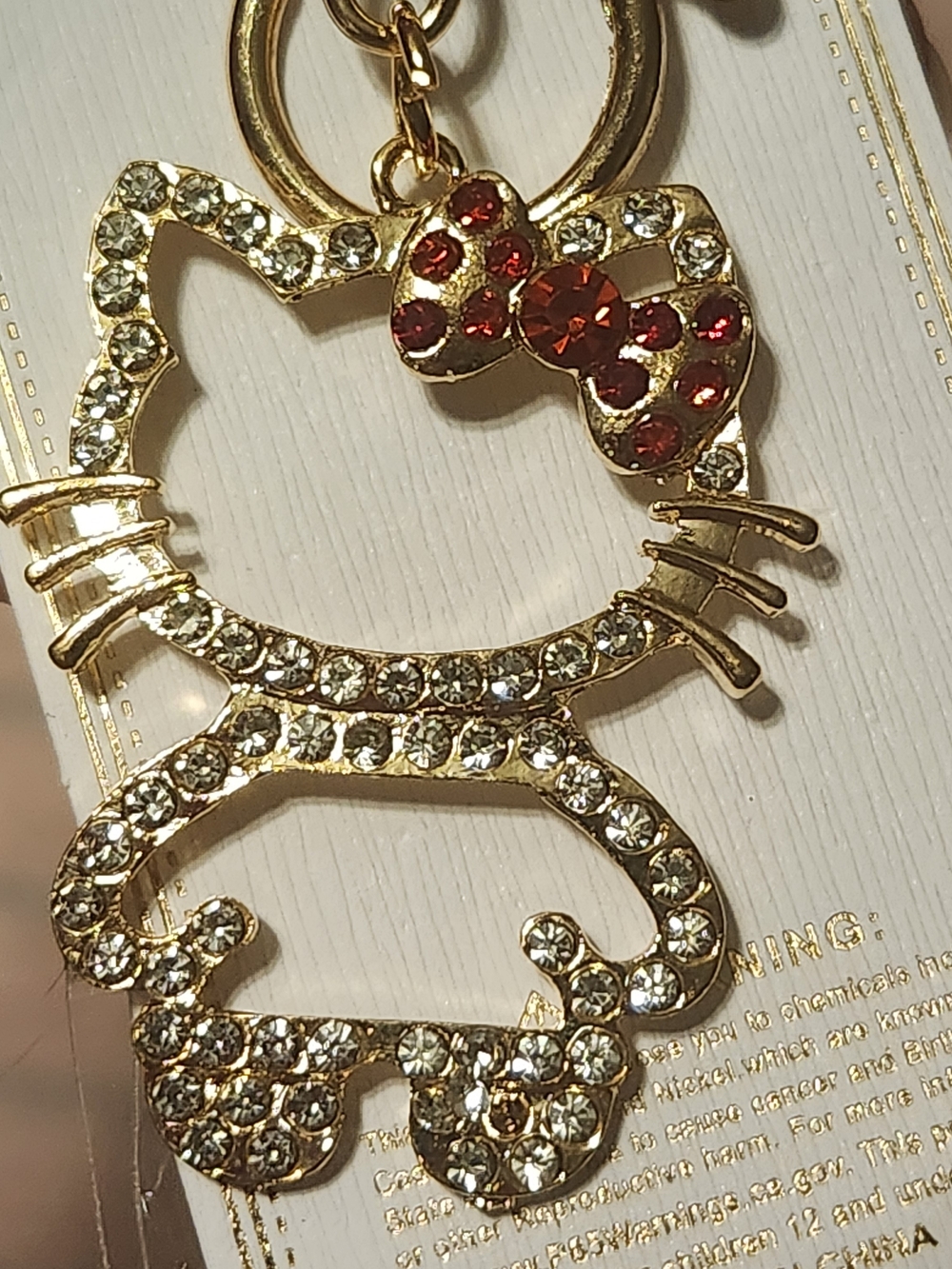 Cute Kitty Rhinestone Goldtone Keychain or Bag Charm with Red Bow NEW